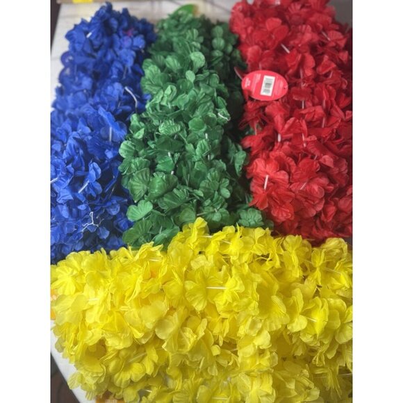 Lot of 40 Colorful Hawaiian Faux Flower Leis - Yellow Green Red Blue 10 of Each - Picture 2 of 7